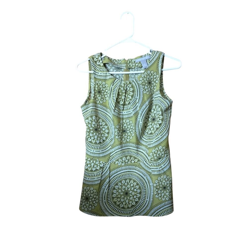 Banana Republic Size 2 Sleeveless Green Geometric Tank Blouse Zip Back Office